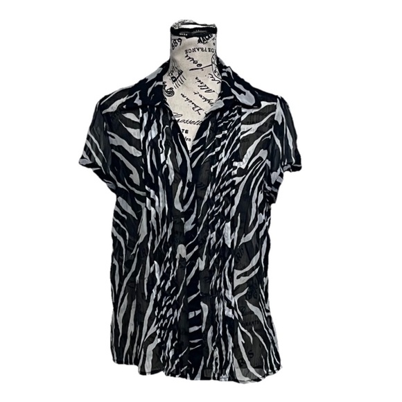 Harvé Bernard Zebra Print Sheer Pleated Button Down Blouse Size 8 Y2K - Picture 2 of 11